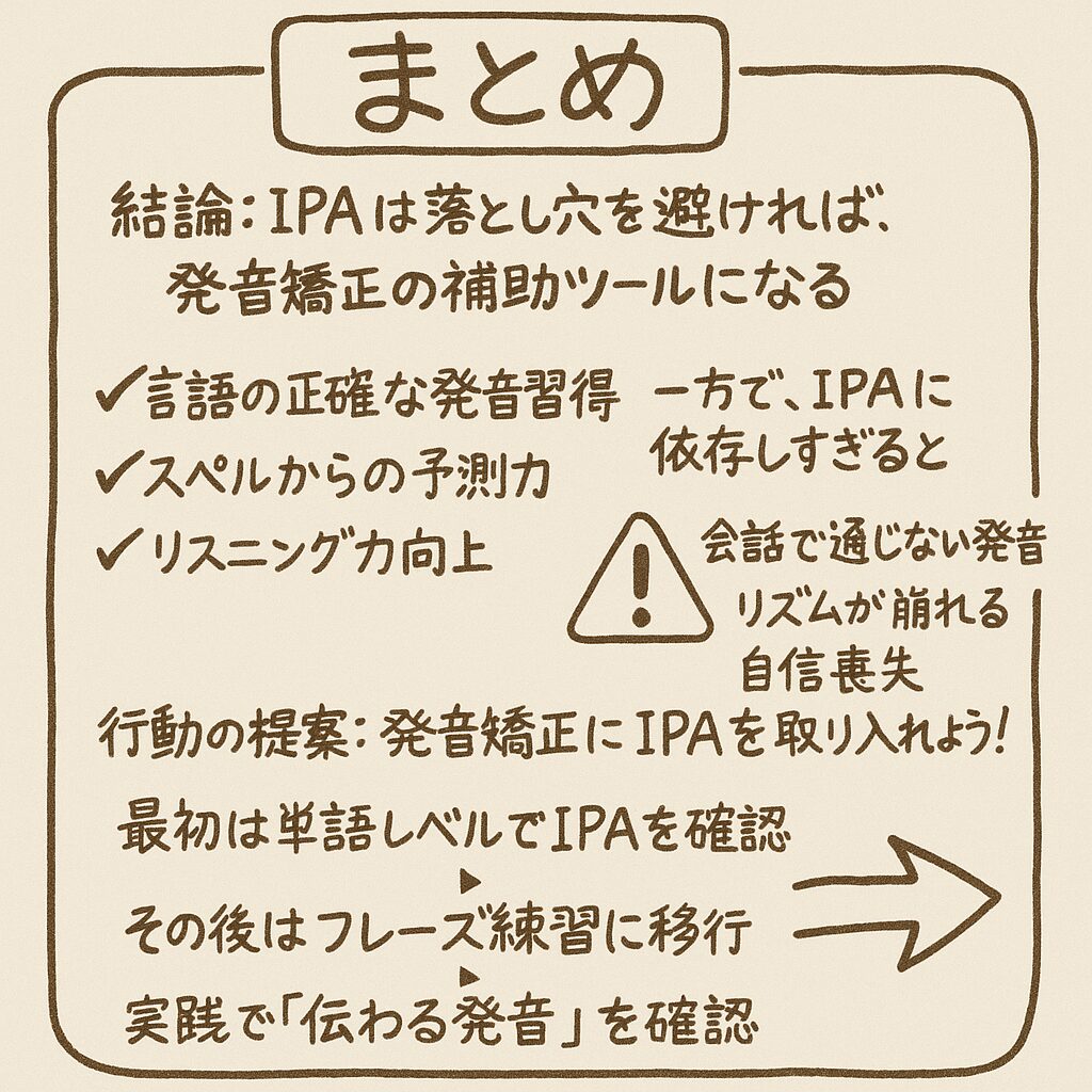 「IPA発音矯正のまとめをグラレコ風に描いたインフォグラフィック。メリットとして『正確な発音習得』『スペルからの予測力』『リスニング力向上』、デメリットとして『会話で通じない発音』『リズムが崩れる』『自信喪失』を紹介し、IPAを基礎固めの補助ツールとして使うべきと提案している」