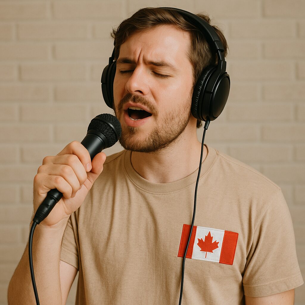 シラブルと拍子の強弱を意識して洋楽を使った英語スピーキング練習をする男性の様子