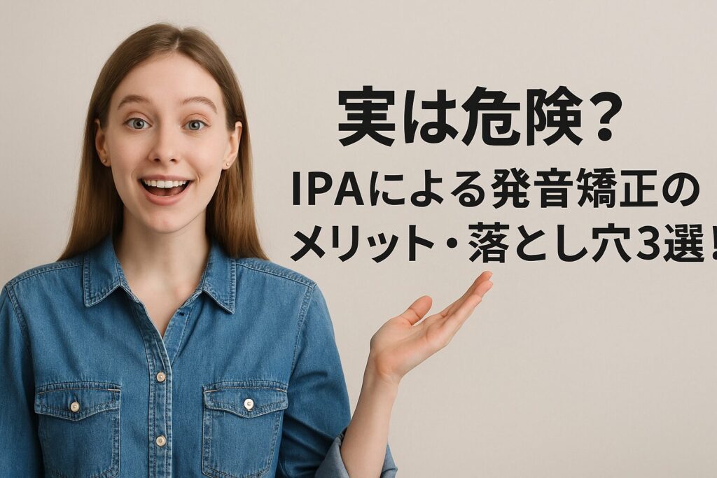青い服を着た外国人の女性が笑顔で説明しているイラスト。横に『実は危険?IPAによる発音矯正のメリット・落とし穴3選!』という日本語の文字