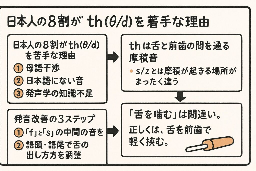 【th（θ / ð）】を発音するときのまとめ。苦手な理由を発声学に基づいてまとめた画像。
