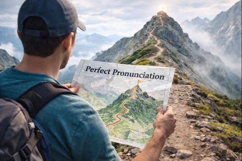 英語の発音学習を登山に例え、地図を確認しながら山頂を目指す登山者。地図には「Perfect Pronunciation」と書かれており、正しい学習順序で発音力を伸ばすイメージを表している。