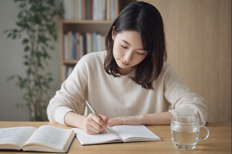 英語の発音練習をする女性が机に座って勉強している様子。白湯と本を用意し、毎日1分から学習を習慣化しているイメージ。