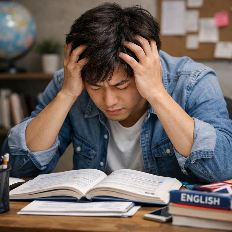 英語学習がうまくいかず、参考書を広げたまま頭を抱えて落ち込む社会人男性