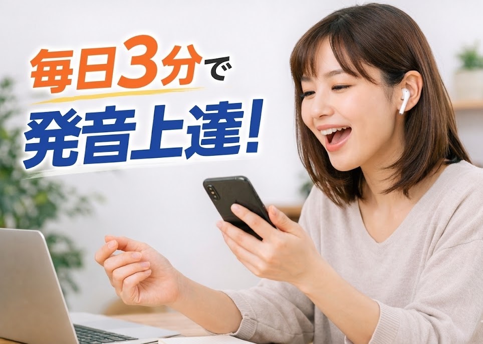 毎日3分の英語発音練習で上達を目指す日本人社会人女性が、スマホ動画を見ながらシャドーイングしている様子。独学・英語環境なしでも発音改善を続ける学習風景。